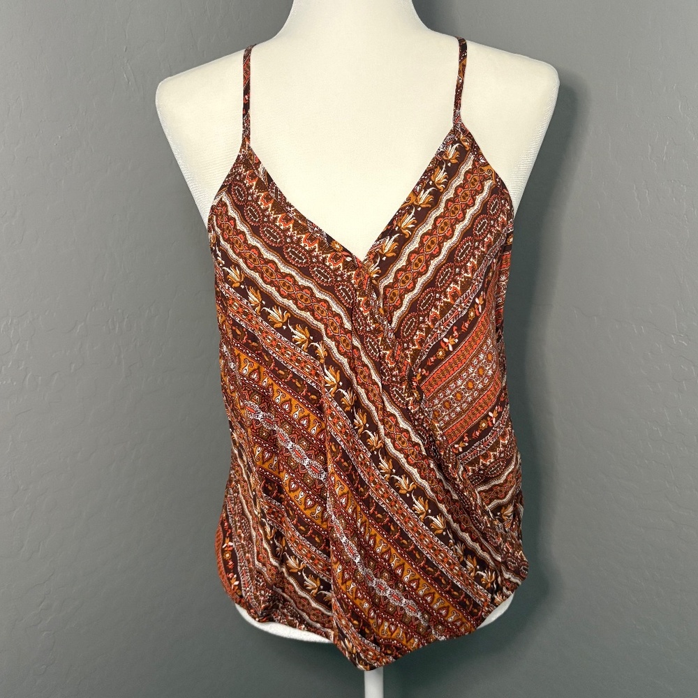 SHEIN V NeckTank Top Blouse Brown‎ Orange Print Size M